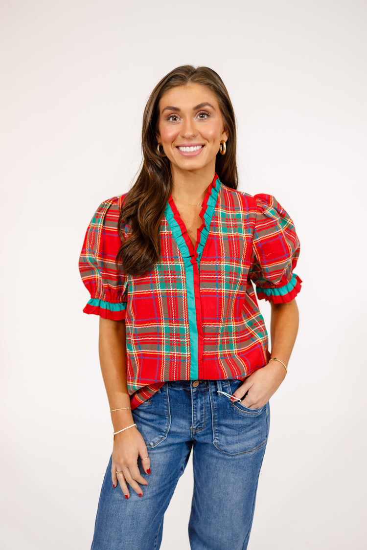 Red and Green Plaid Puff Sleeve Top