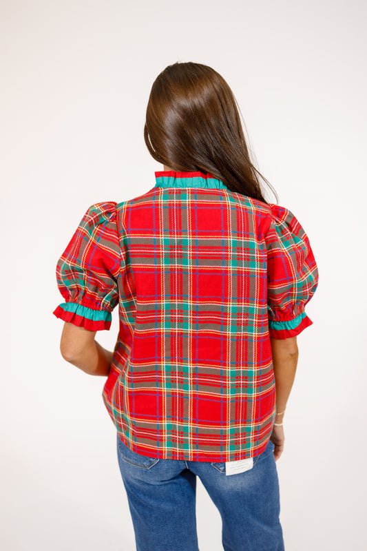 Red and Green Plaid Puff Sleeve Top