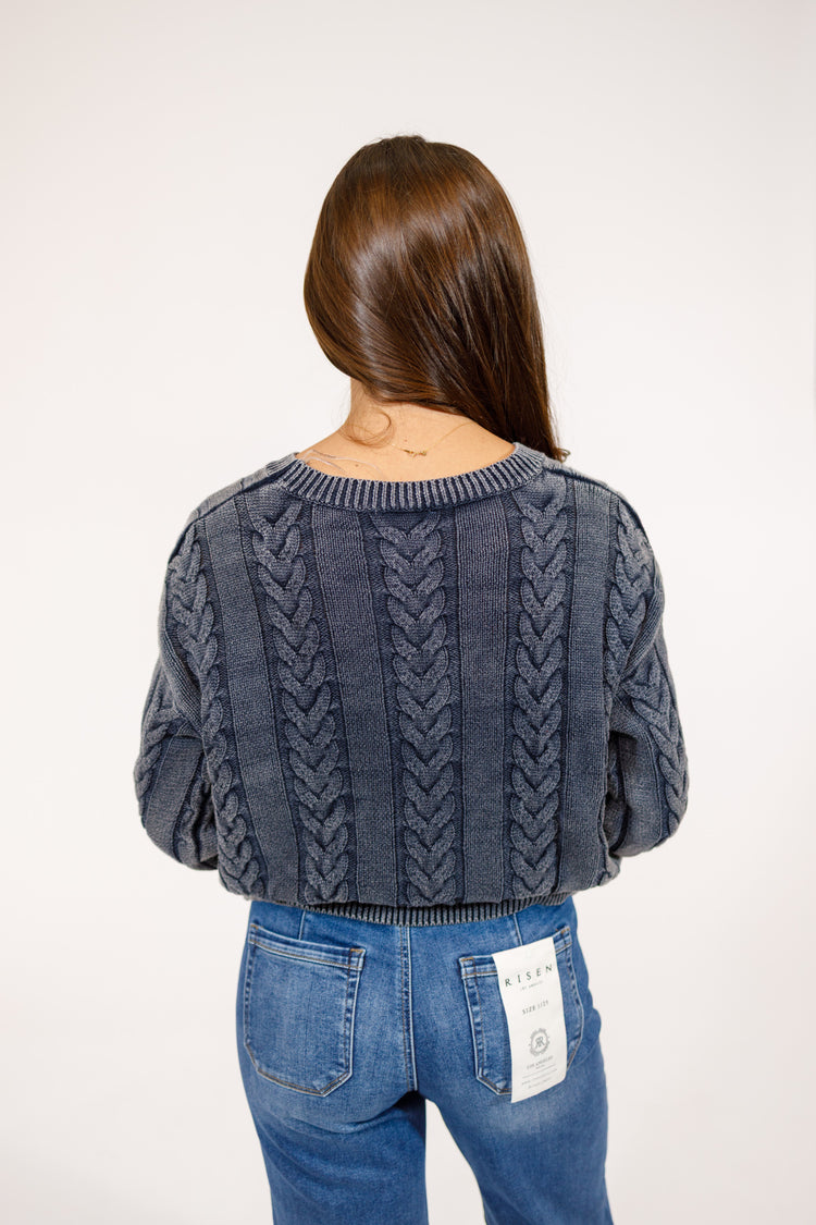 Navy Washed Cable Knit Sweater, S-3XL