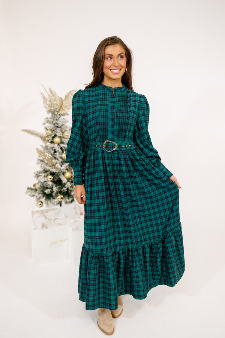 Green Plaid Belted Maxi Dress