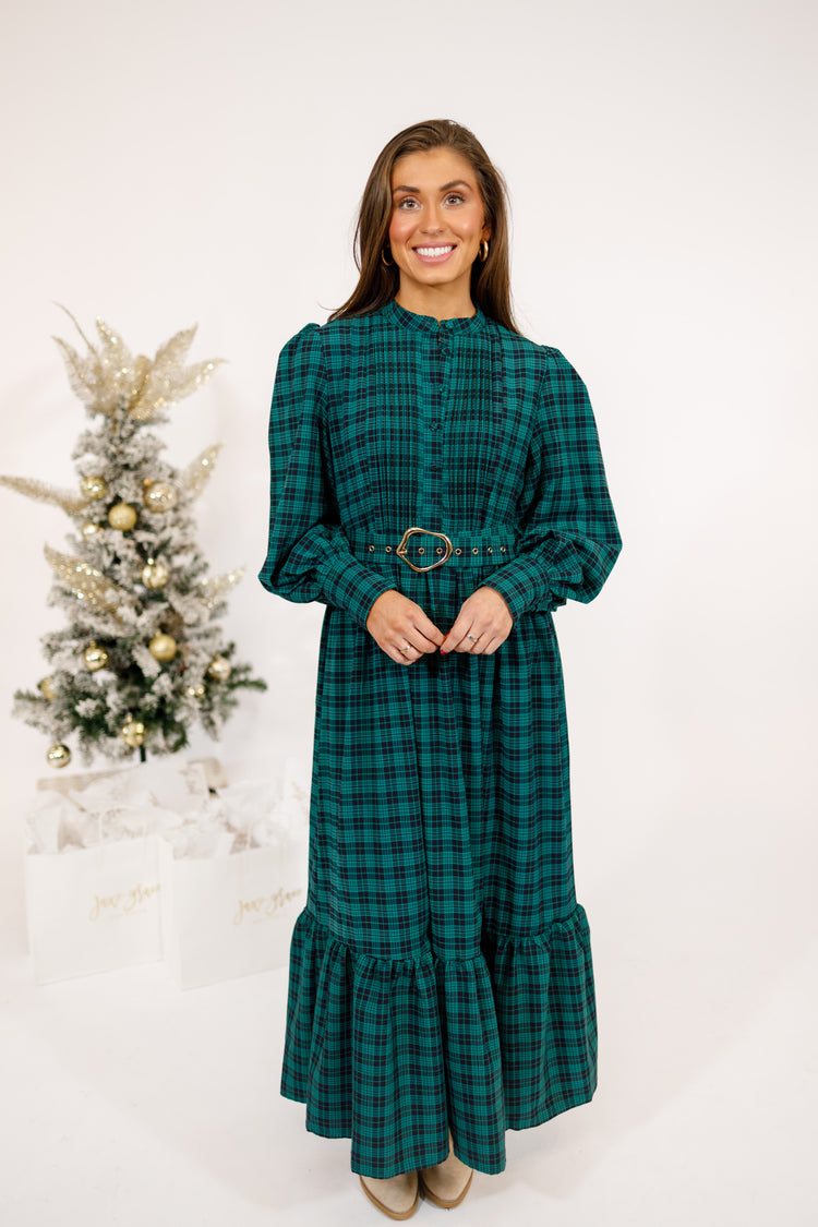 Green Plaid Belted Maxi Dress