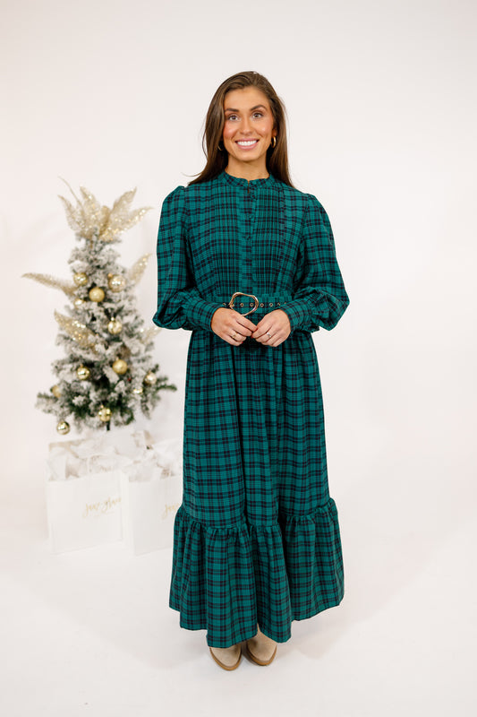 Green Plaid Belted Maxi Dress