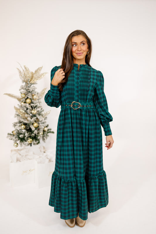 Green Plaid Belted Maxi Dress