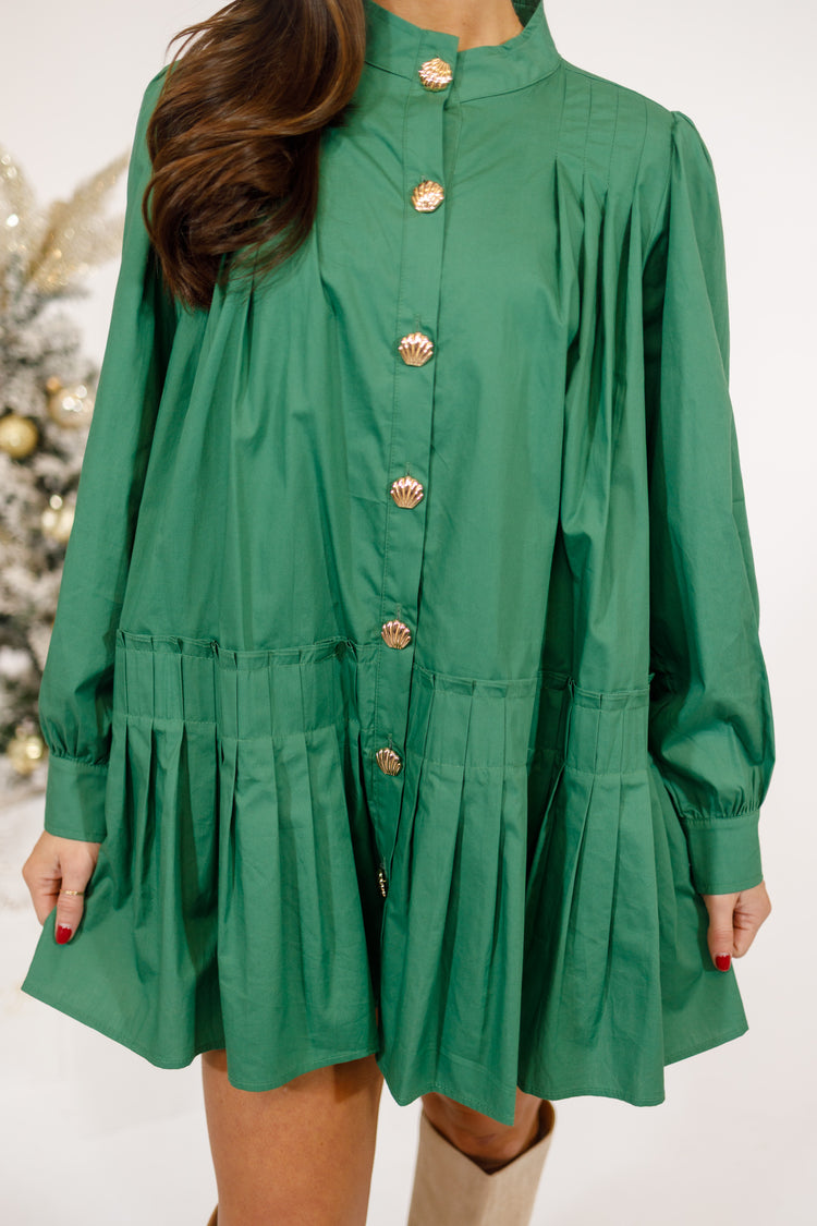Green Pleated Poplin Dress