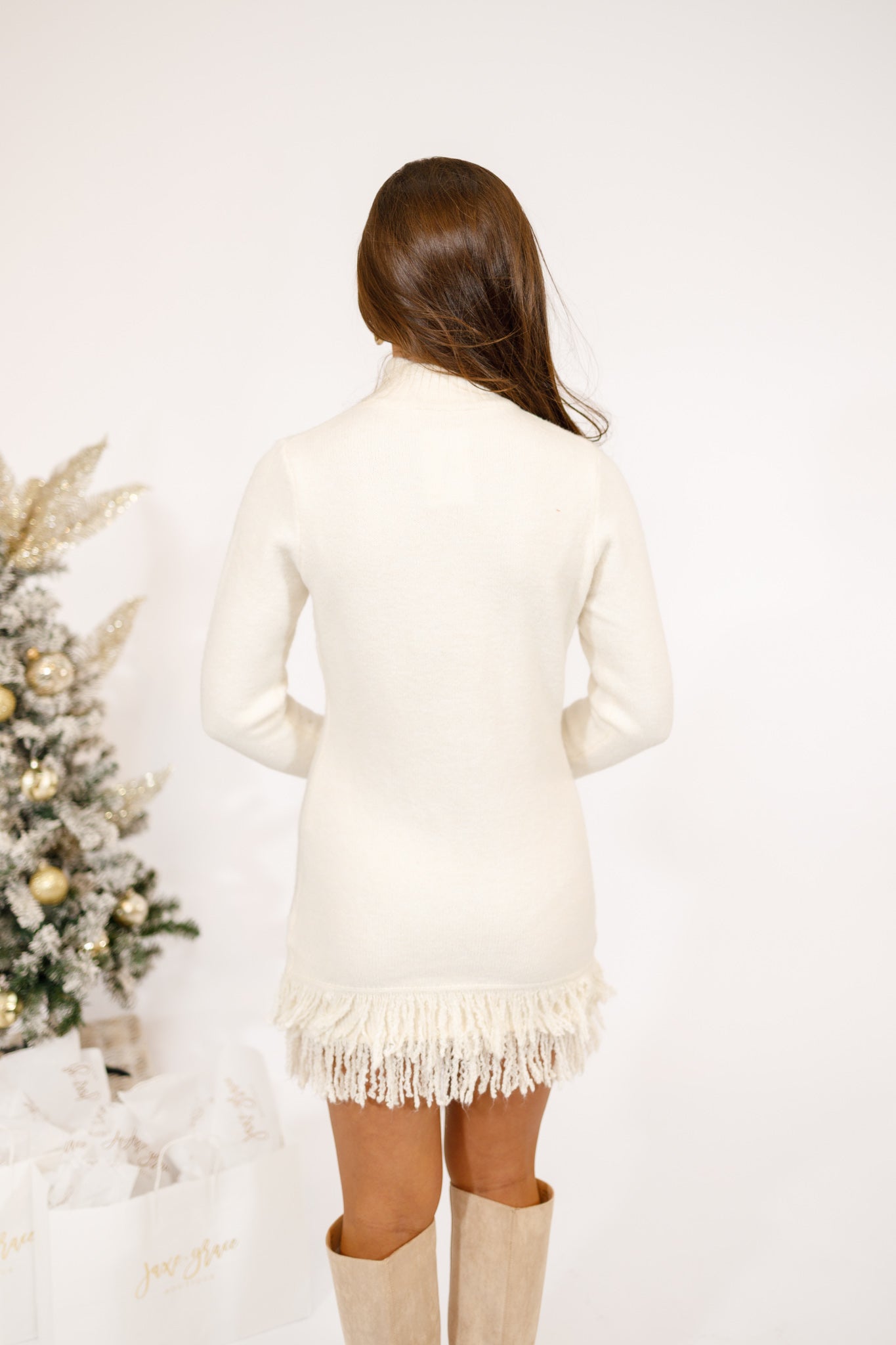 Ivory Mock Neck Fringe Sweater Dress Large