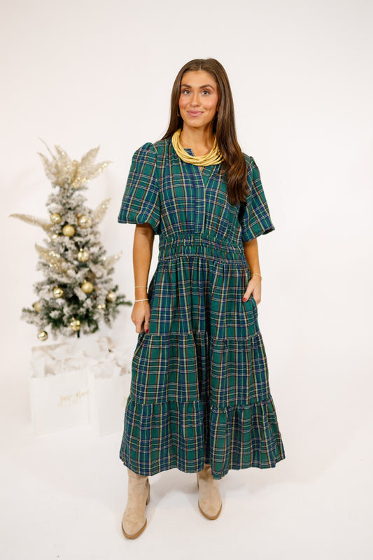 Curvy Green Plaid Tiered Midi Dress