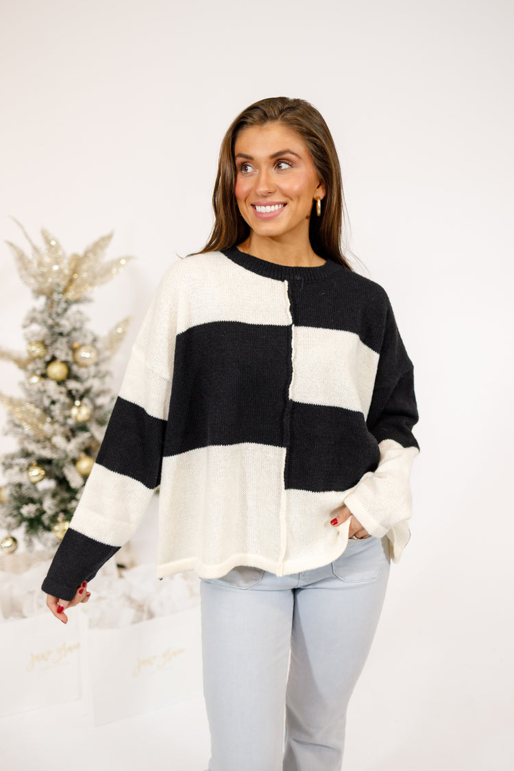 Black Color Block Knit Sweater Top
