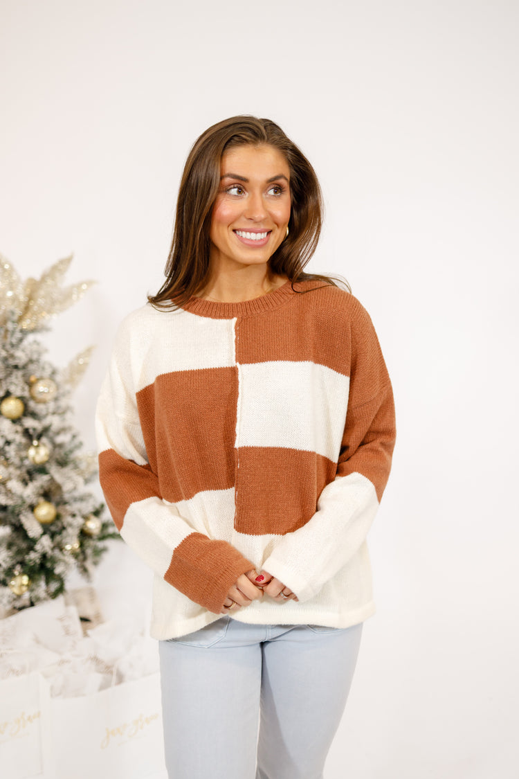Brown Color Block Knit Sweater Top