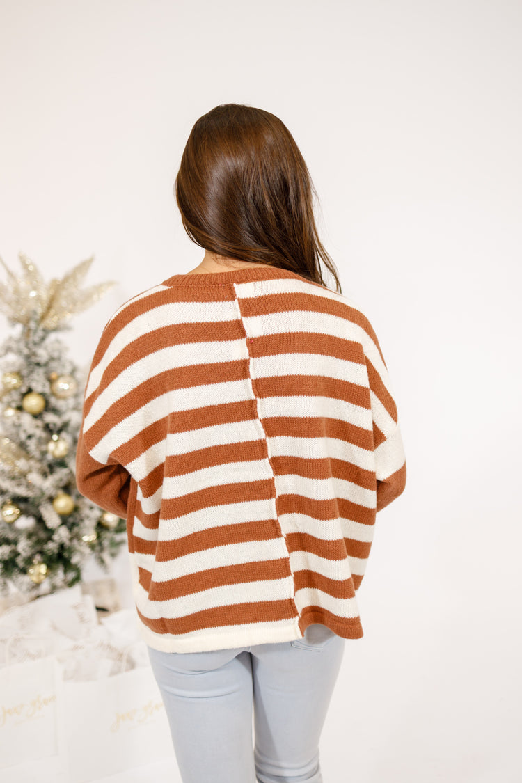 Brown Color Block Knit Sweater Top
