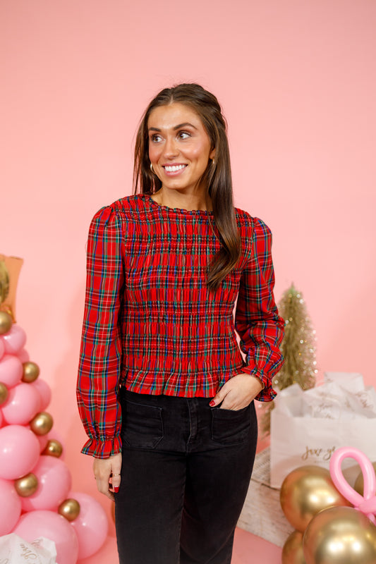 Red Plaid Smocked Top