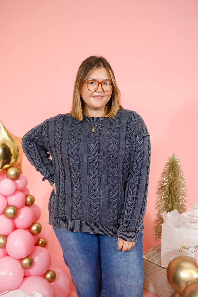 Navy Washed Cable Knit Sweater, S-3XL