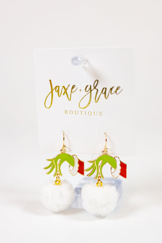 Grinch Hand & Fur Ball Earrings