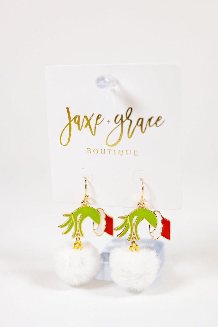 Grinch Hand & Fur Ball Earrings