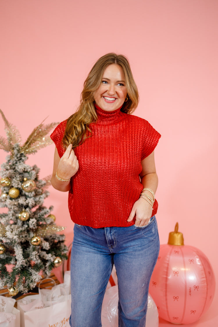Red Metallic Sweater Top