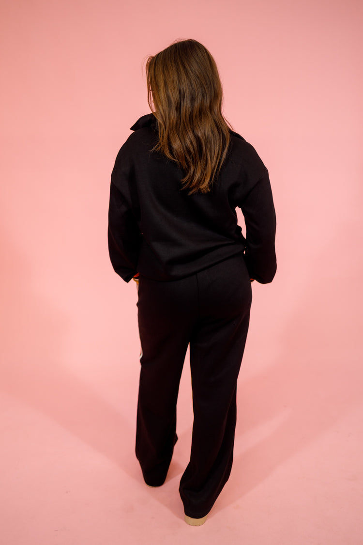 Black Striped Quarter Zip Pullover Loose Pant Set