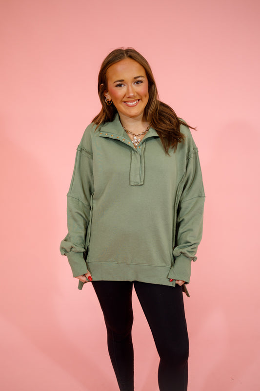 Olive Button Side Slit Top