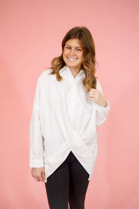 White Front Tie Button Up Blouse