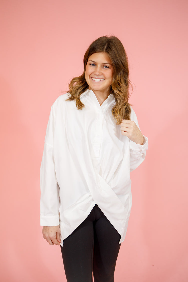 White Front Tie Button Up Blouse