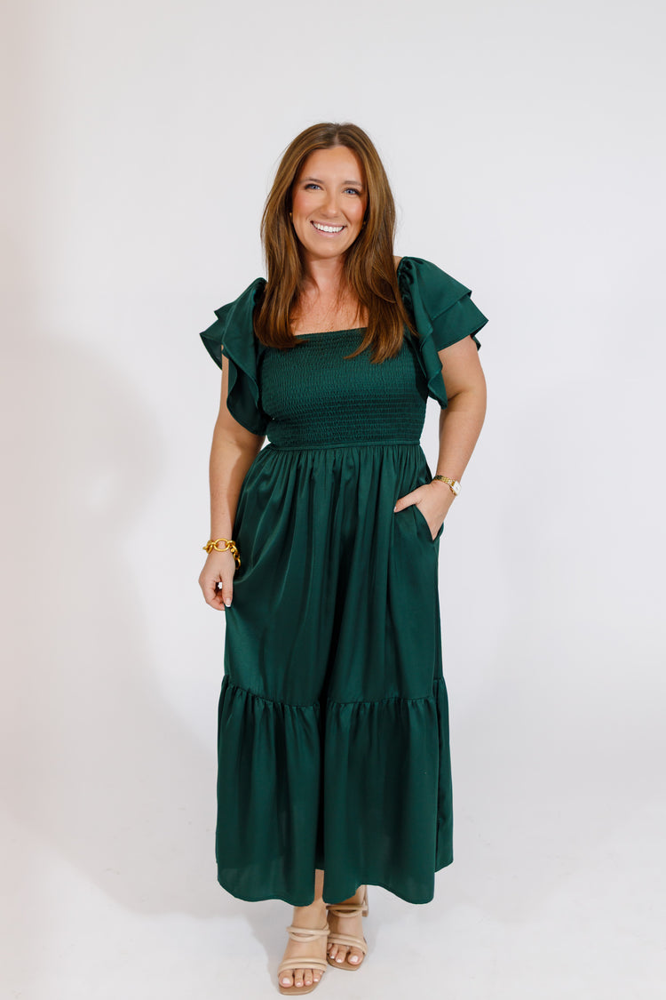 Hunter Green Flutter Sleeve Satin Smocked Midi