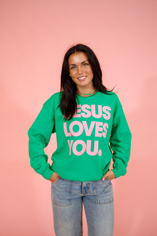 Green "Jesus Loves You" Sweatshirt, S-2XL