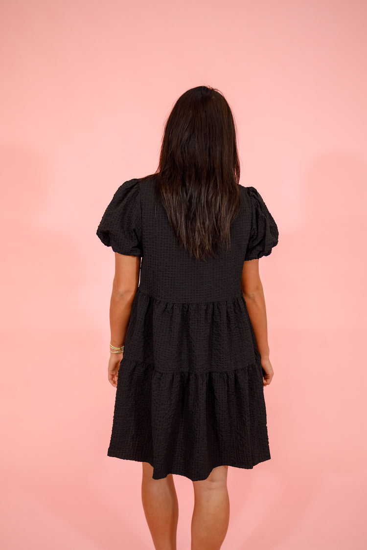 Black Seersucker Puff Sleeve Dress