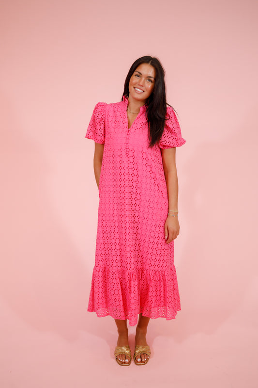Eyelet Midi Dress, HOT PINK