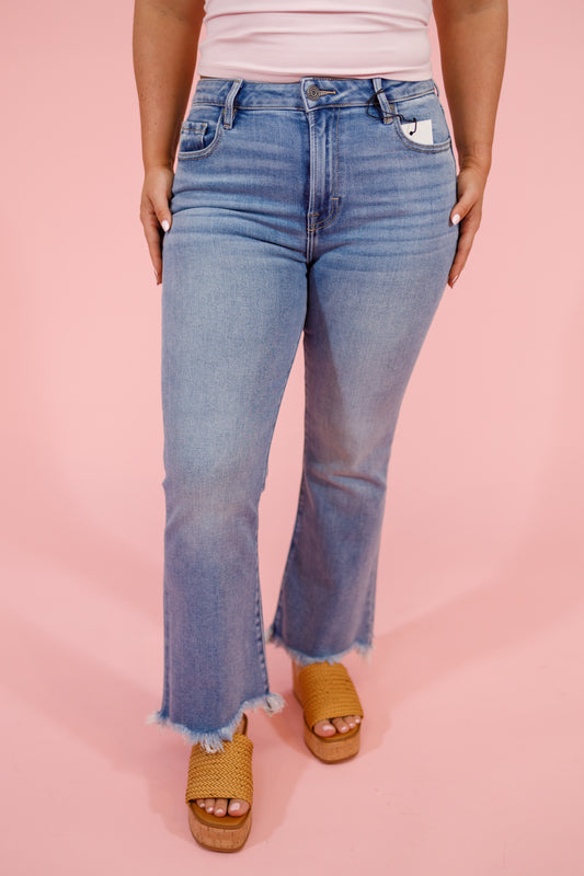 HIDDEN Light Wash Frayed Hem Stretch Crop Flare Jean