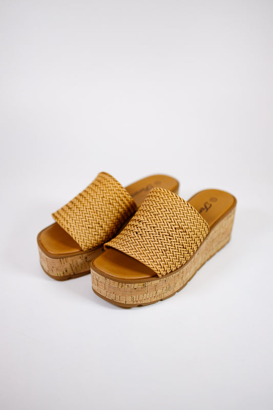 Tan Woven Slide On Platform Sandals
