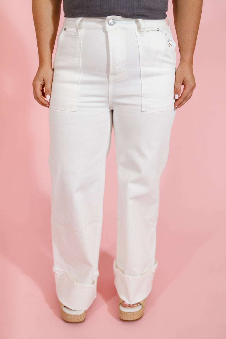 White Comfort Stretch Pocket Wide Leg Cuff Jeans