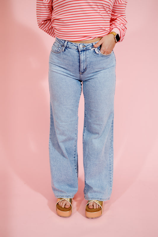 Medium Denim Stretchy Wide Leg Jeans