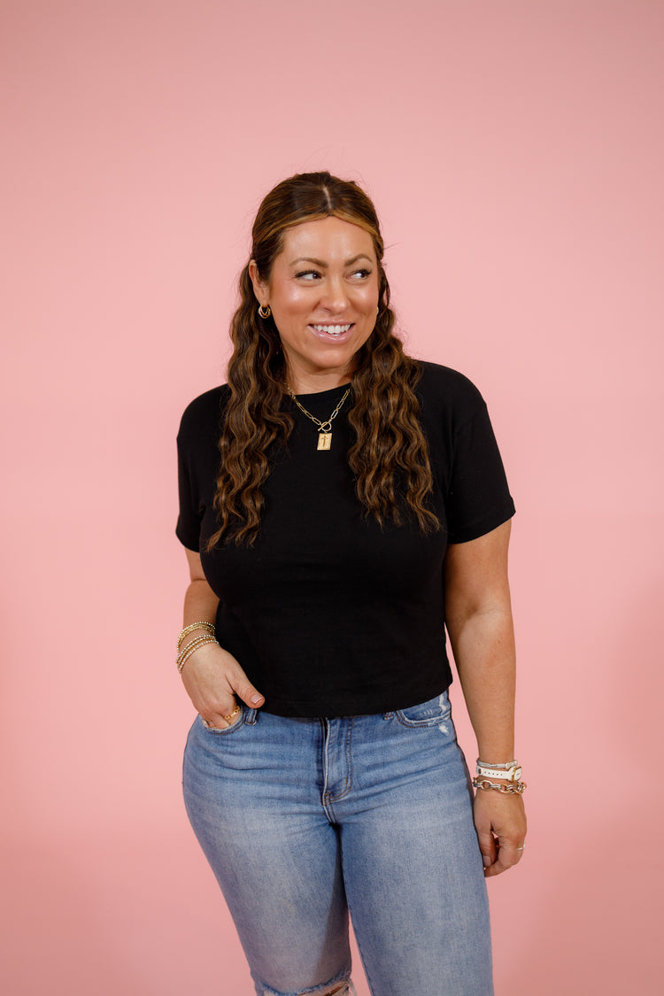 Cotton Cropped Tee, BLACK