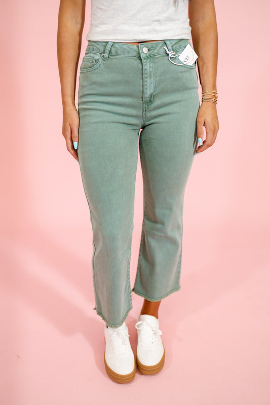 Z Acid Wash Crop Flare Jeans, OLIVE