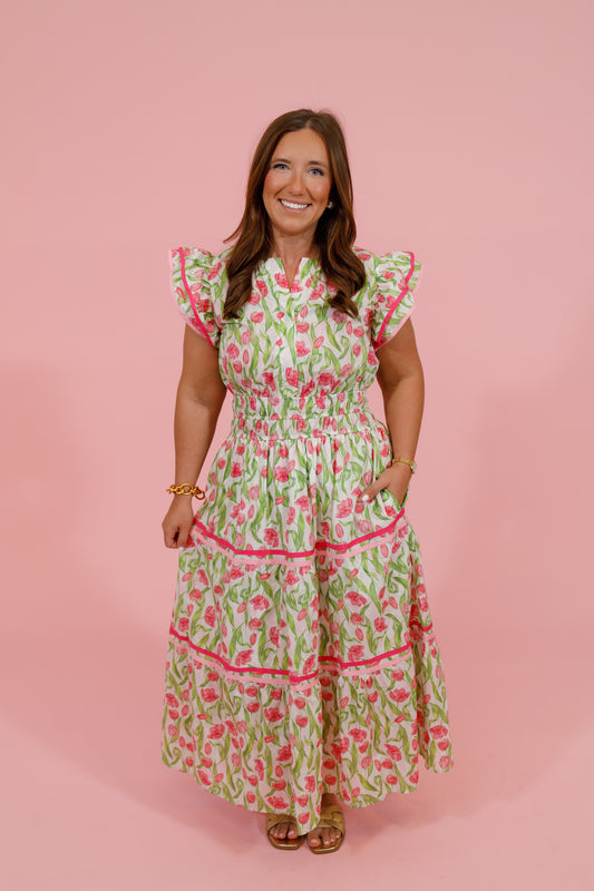 Pink and Green Floral Flutter Sleeve Midi Dress