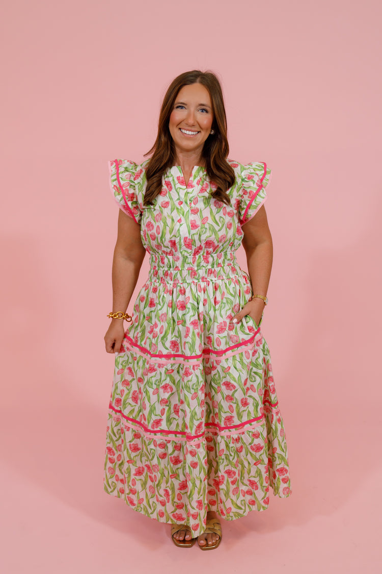 Pink and Green Floral Flutter Sleeve Midi Dress
