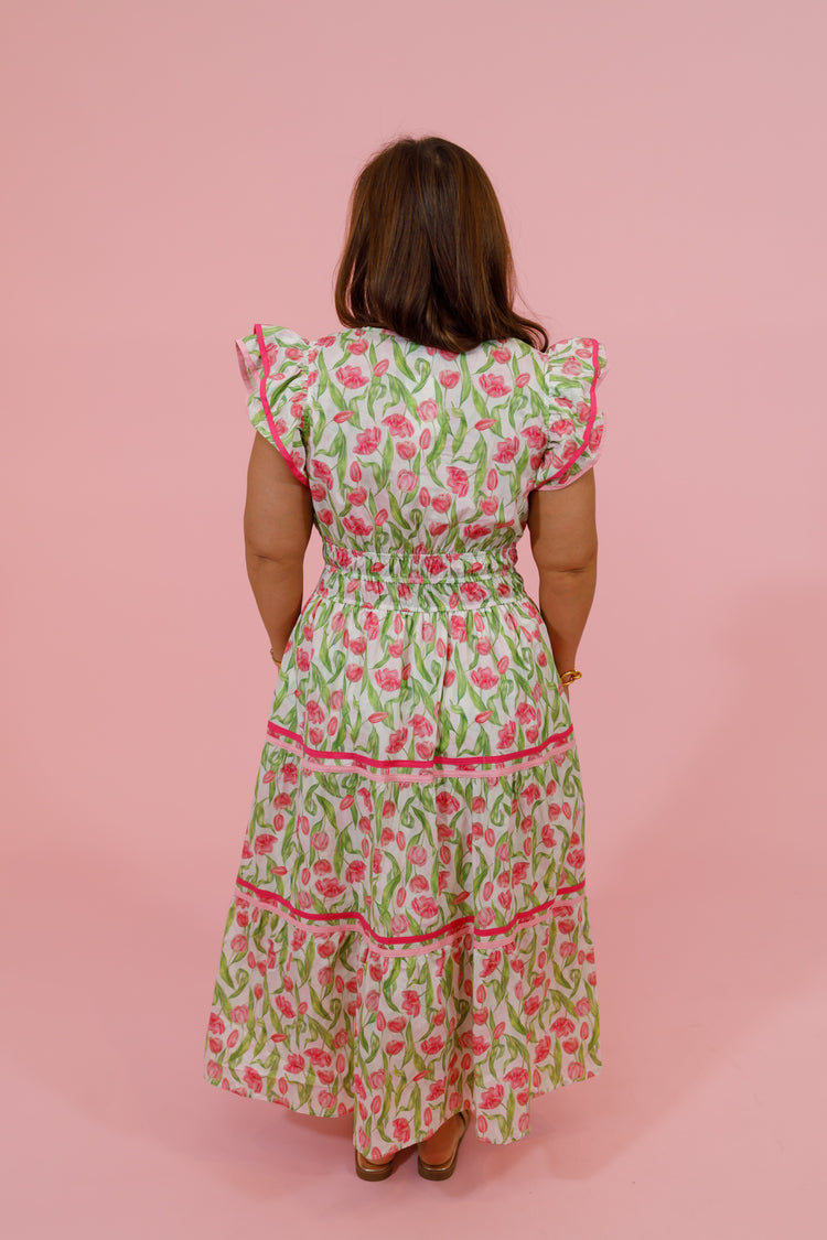 Pink and Green Floral Flutter Sleeve Midi Dress