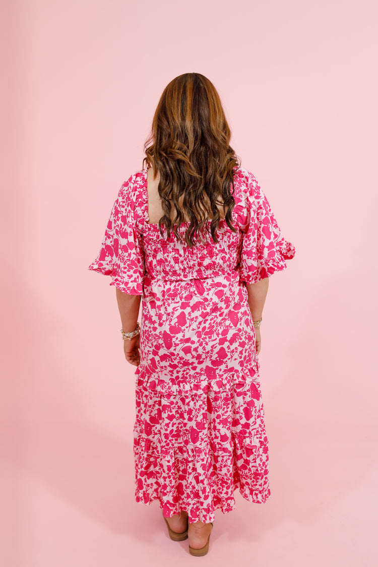 Pink Patterned Smocked Tiered Midi Dress