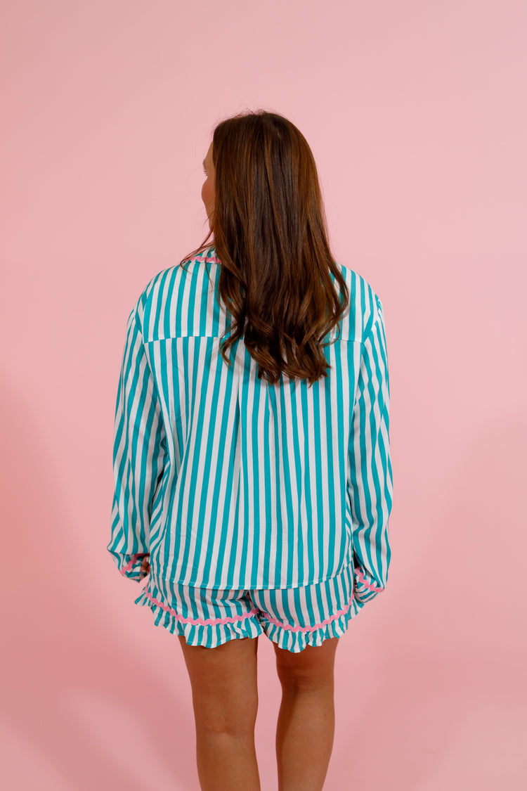 Green and Pink Stripe Pajama Shorts Set