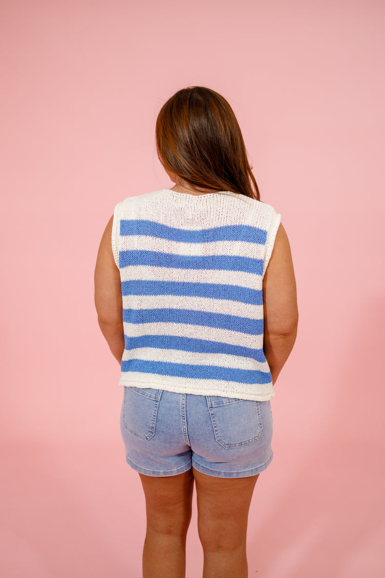 Blue Stripe Gold Button Sweater Top, S-2XL