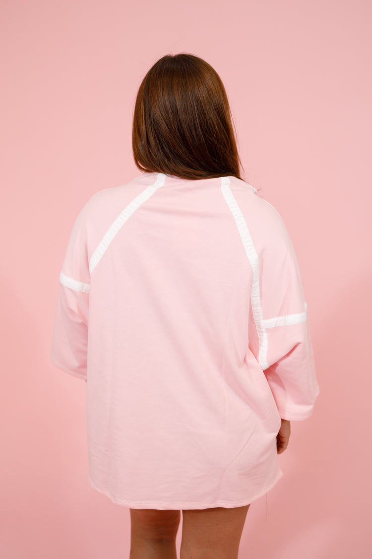 Pink and White Contrast Quarter Zip Top