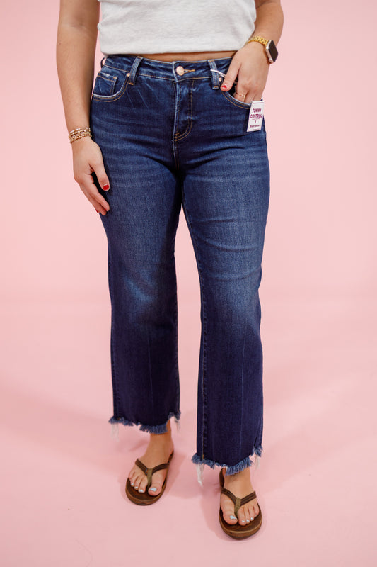 Risen Dark Wash Frayed Hem Jeans, REG + CURVY