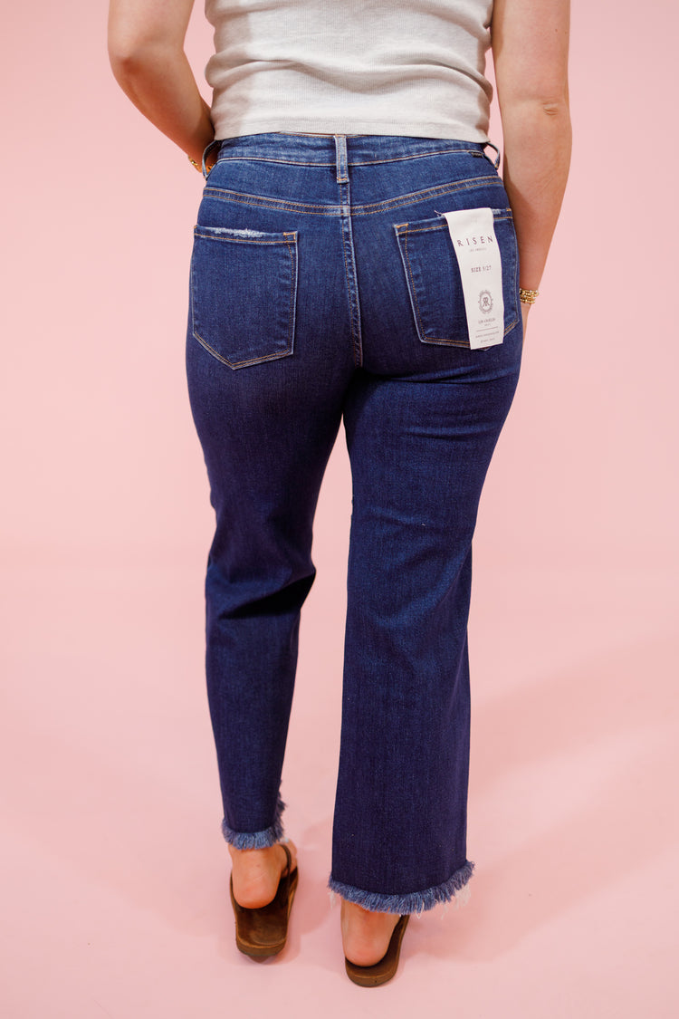 Risen Dark Wash Frayed Hem Jeans, REG + CURVY