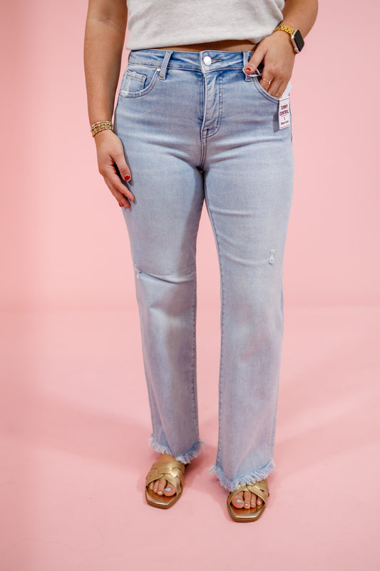 Risen Light Wash Tummy Control Straight Fray Hem Jeans, REG + CURVY
