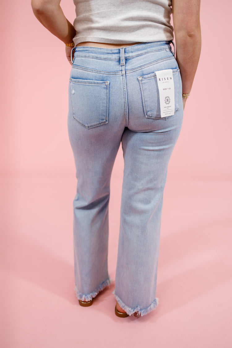 Risen Light Wash Tummy Control Straight Fray Hem Jeans, REG + CURVY