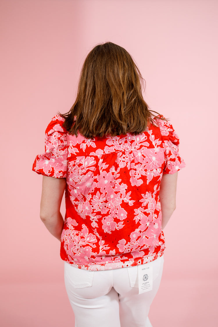 Bright Floral Detail Top, RED