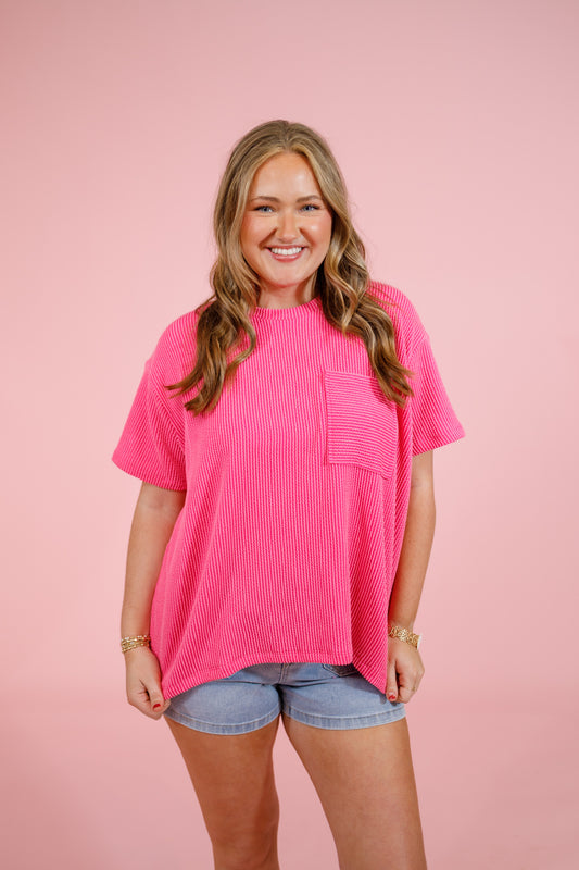 Hot Pink Ribbed Boxy Pocket Top