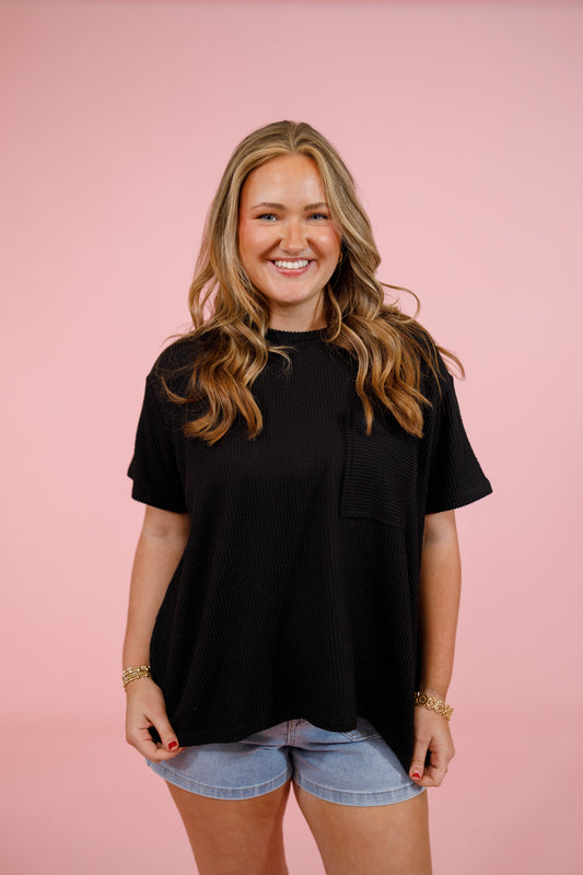 Black Ribbed Boxy Pocket Top, S-3XL