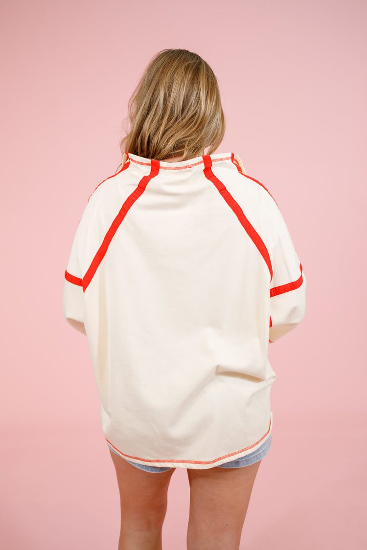 Cream and Red Contrast Quarter Zip Top