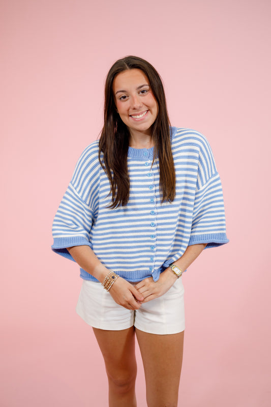 Blue Striped Button Cardigan Top