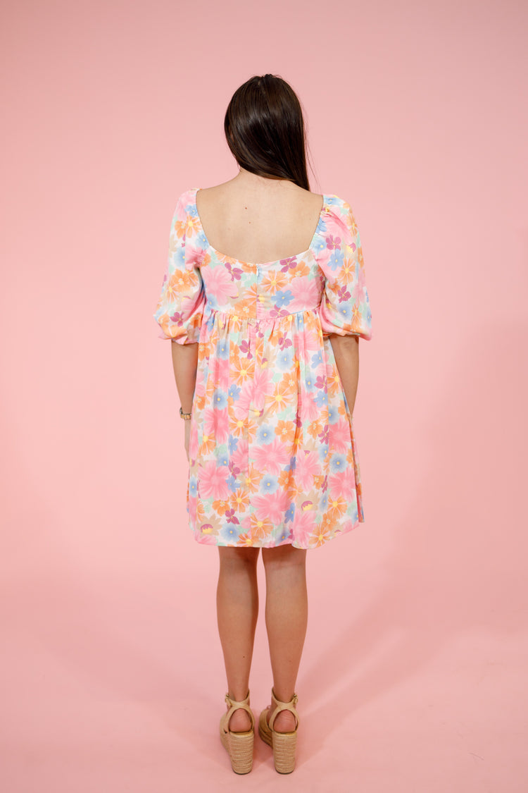 Multi Color Flower Puff Sleeve Dress