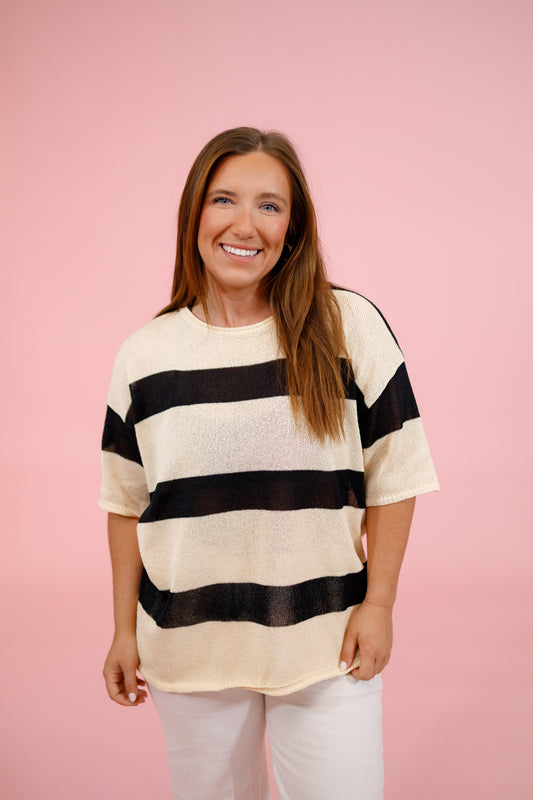 Black Stripe Knit Round Neck Top, S-3XL